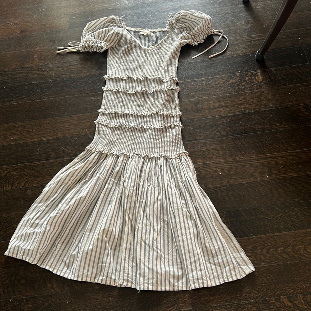 LoveShackFancy Blue and White Ruched Dress